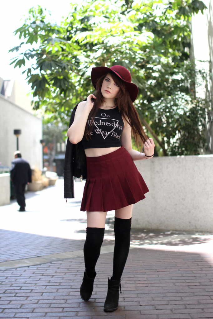 American Apparel, Boots, Crop Top, Forever21, Hat, Jacket, Little Tokyo, Los Angeles, Marciano, MYVL, Skirt, Socks, Steve Madden, street style, Urban Outfitters