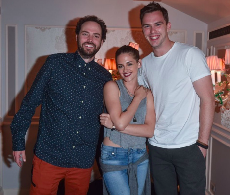 Kristen Stewart with director Drake Doremus and co-star Nicholas Hoult at the Equals Delegation Dinner held at Hotel Danieli in Venice, Italy, on September 4, 2015