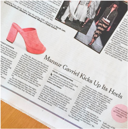 “MG in today's @nytimes 💕shoes launching this evening at our first #NYFW presentation 💕stay tuned for prep & show photos!”