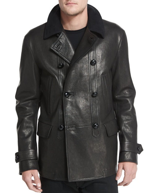 Vintage-Inspired Double-Breasted Leather Peacoat
