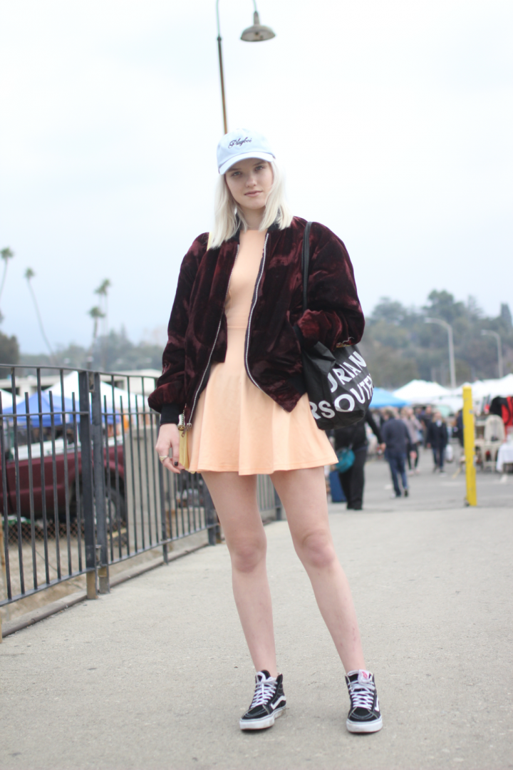 American Apparel, bomber jacket, cap, dress, menace la, rose bowl flea market, street style, Vans, Vintage