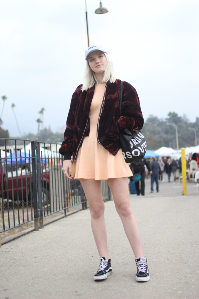 American Apparel, bomber jacket, cap, dress, menace la, rose bowl flea market, street style, Vans, Vintage