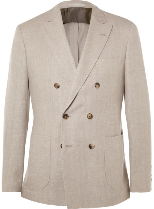 Brunello Cucinelli Stone Double-Breasted Linen, Wool, and Silk-Blend Blazer