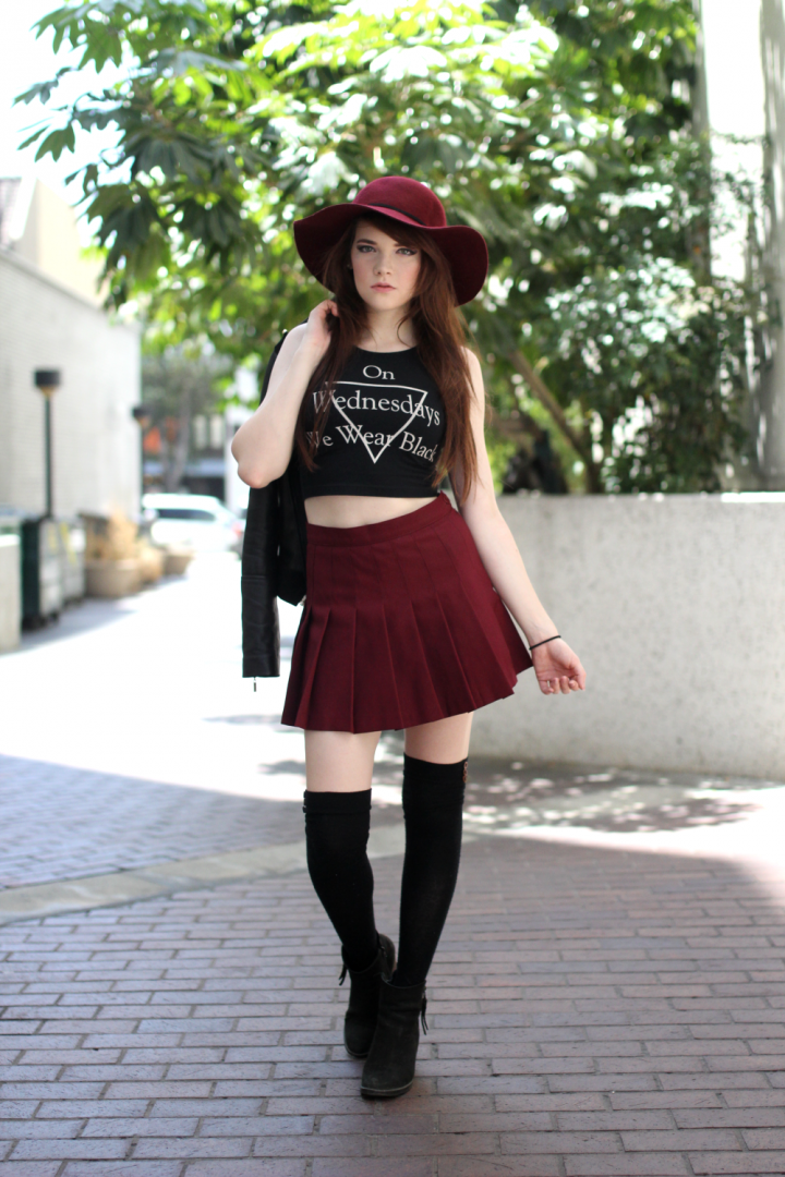 American Apparel, Boots, Crop Top, Forever21, Hat, Jacket, Little Tokyo, Los Angeles, Marciano, MYVL, Skirt, Socks, Steve Madden, street style, Urban Outfitters