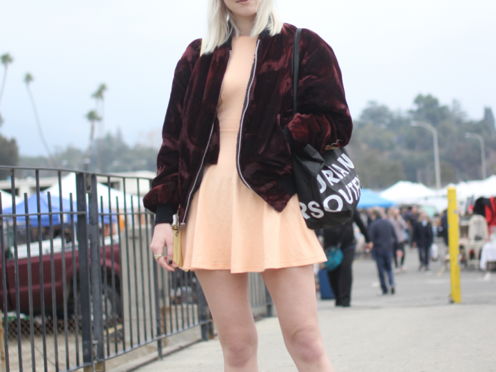 American Apparel, bomber jacket, cap, dress, menace la, rose bowl flea market, street style, Vans, Vintage